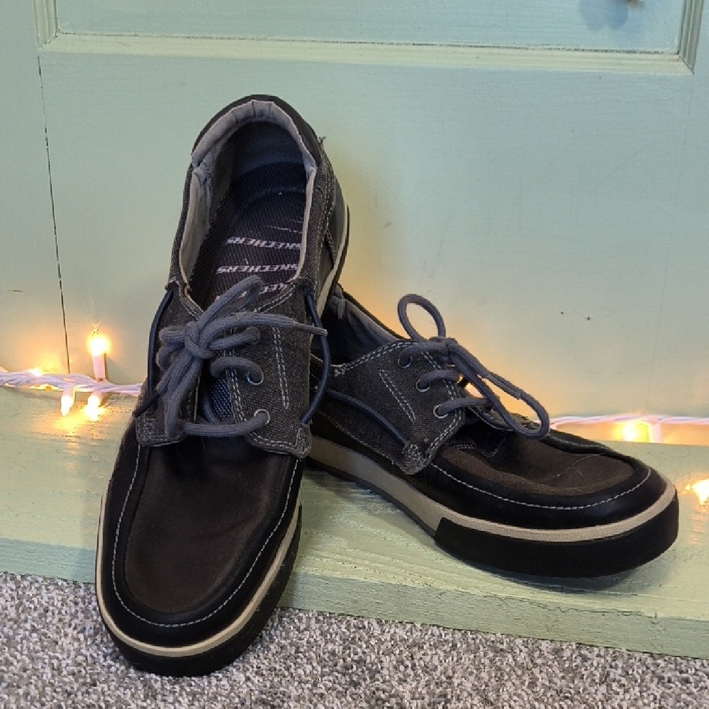 Men's Skechers Black Brown Canvas Leather Boat Shoes 11US 10UK